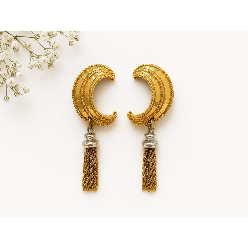 Vintage Karl Arkein Crescent Tassel Dangle Earrings Gold Tone Statement Clip On